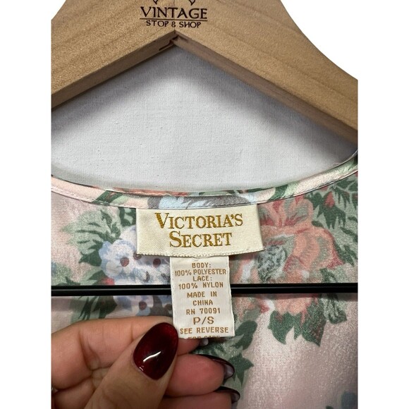 VICTORIA'S SECRET Vintage 90s Gold Label Long Satin Robe Belted Floral Lace SM - Picture 4 of 12